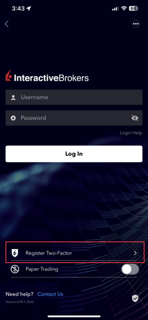 Image of the IBKR mobile register two-factor for iPhone.